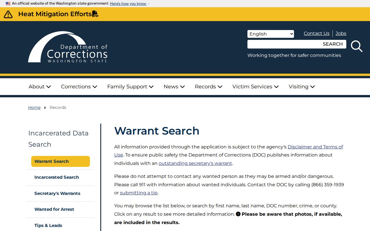 Island County warrant-check source from the Washington DOC Secretary’s warrant search